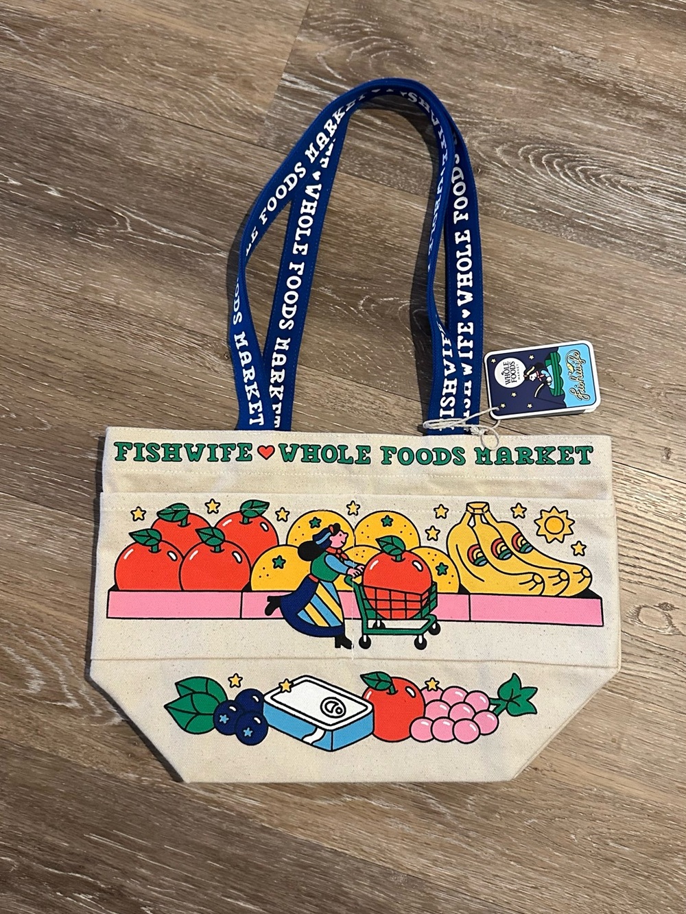 Whole Foods Market x Fishwife Cream Canvas Tote with Blue Logo Straps (Medium)
